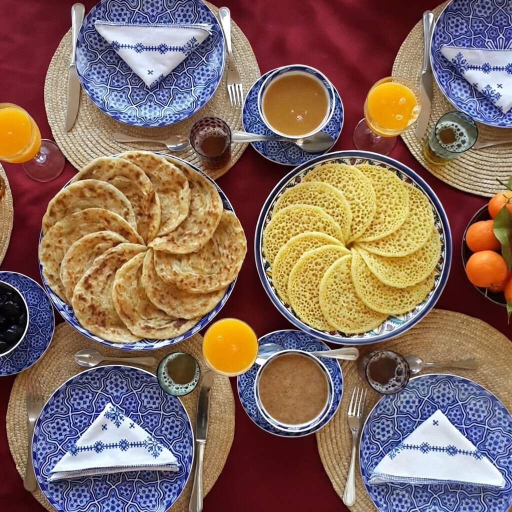petit dejeuner en bleu et bordeau